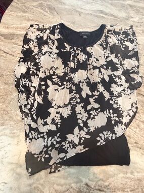 AB Studio Floral Chiffon Layered Blouse Medium Black White Business Casual Top